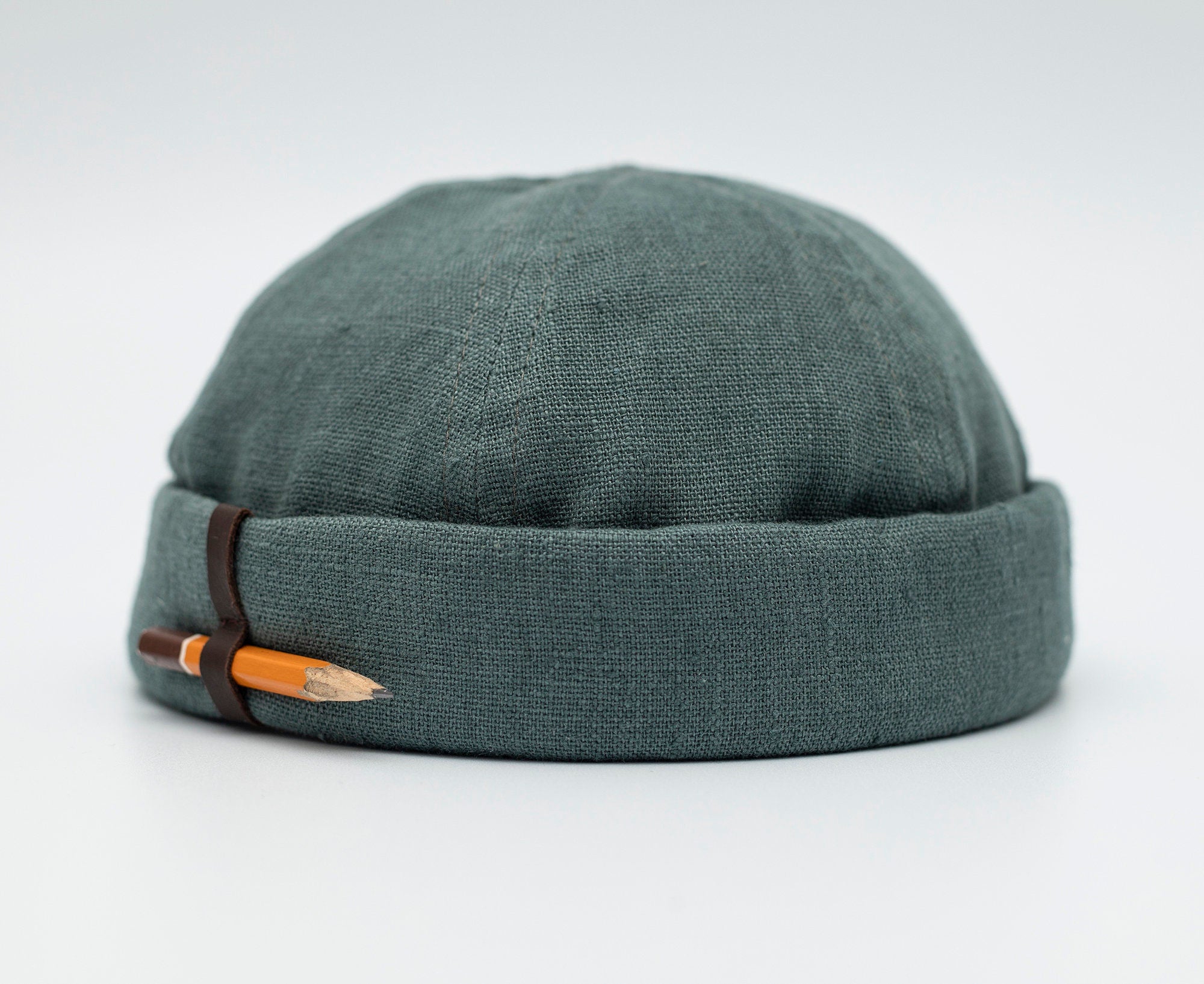 Handcrafted linen docker cap with pencil holder