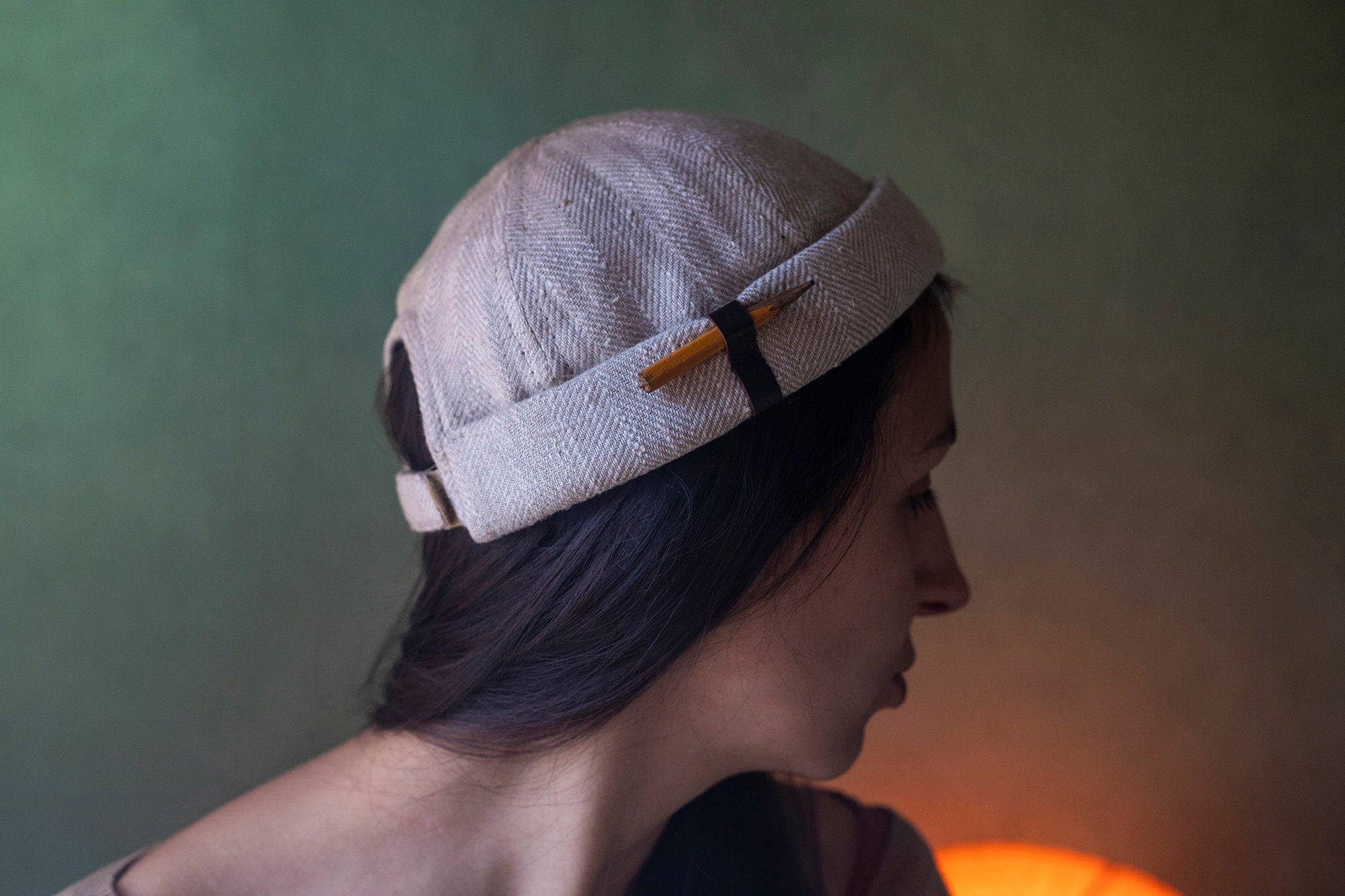 Handcrafted linen docker cap with pencil holder